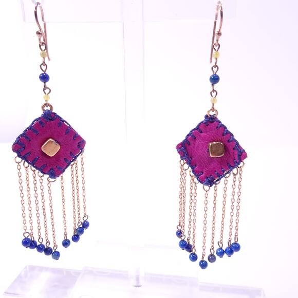 Lee Angel Neiman Marcus Purple Navy Leather Beaded Drape Earrings NWT 168 - Picture 4 of 8